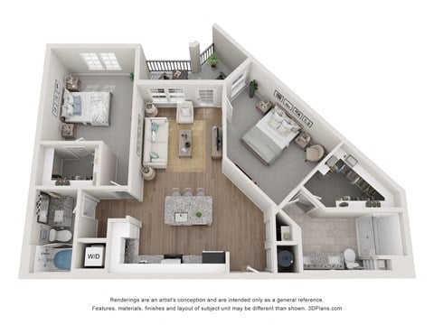 Floor plan for 2 beds, 2 baths, 1142 sqft